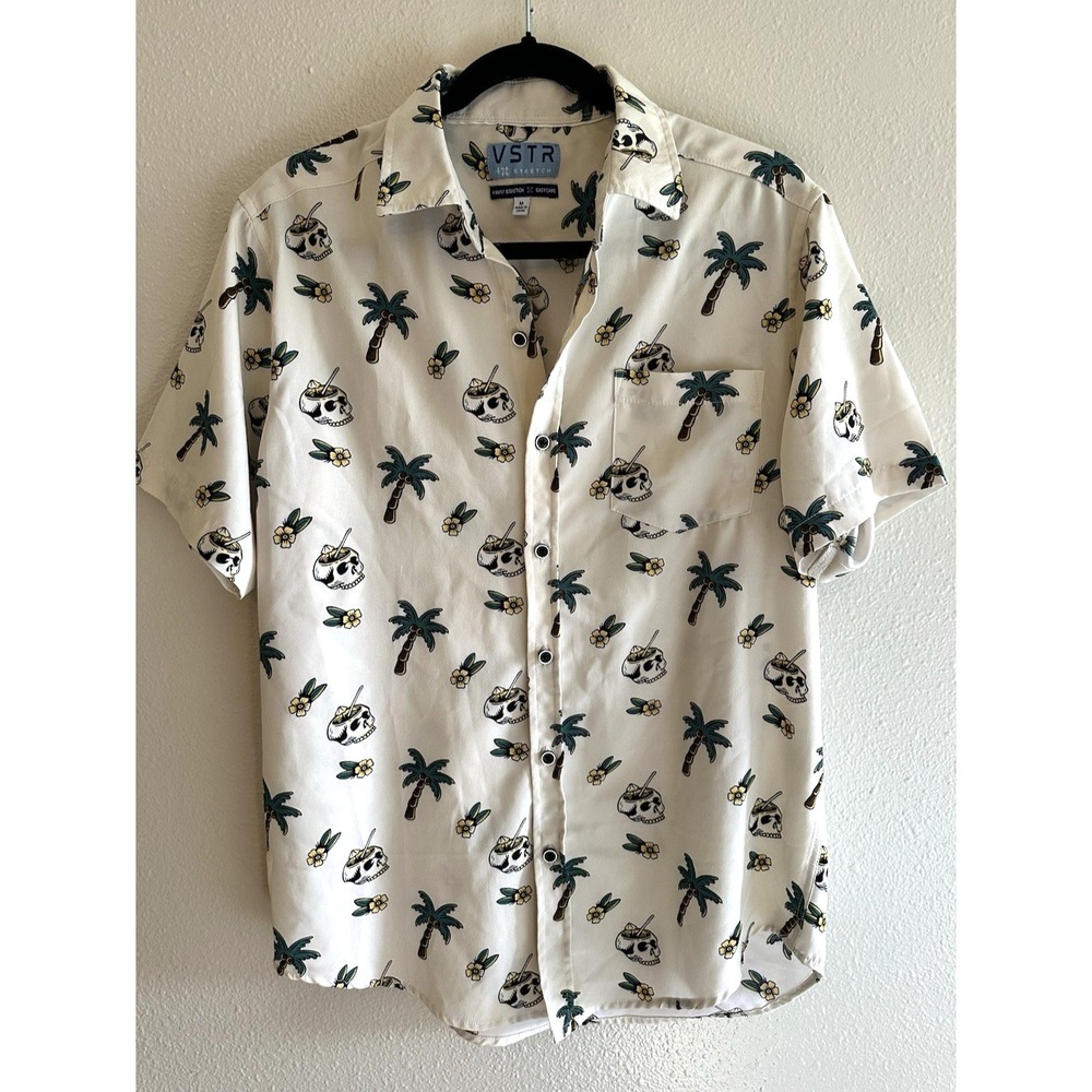 VSTR Mens M Hawaiian Shirt Palm Tree And Skull Drink All Over Print 100% Cotton
